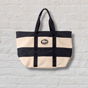 LACOSTE Striped Blue & White Waterproof Canvas Travel Shopping Tote Handbag